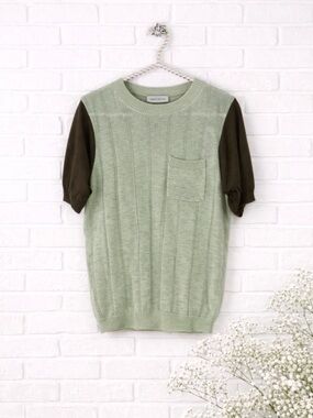 Lee Mathews Sage Green Contrast Tencel Short Sleeve Top Size M